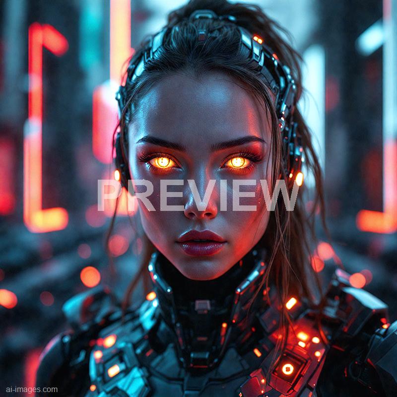The image features a woman with glowing, intense orange eyes, set against a futuristic, neon-lit background. Her face is centered, with detailed makeup emphasizing her features, and she is wearing a high-tech, cybernetic suit with illuminated accents. Her hair is tied back with a headband or cybernetic accessories, and the background displays blurred neon signs and lights, suggesting a cyberpunk or sci-fi cityscape. The overall atmosphere is dark, sleek, and highly stylized with a focus on advanced technology and digital aesthetics.